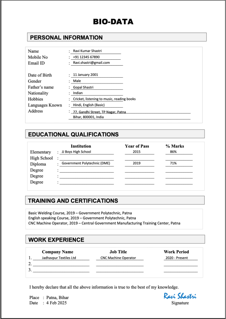 Fully completed good bio data format with all details